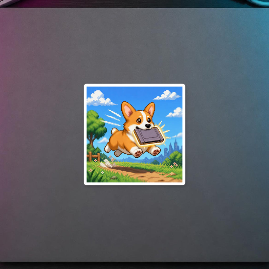 Corgi Cartridge Sticker — sticker in a styled room scene; digital product mockup [Wear8bit lifestyle v1]