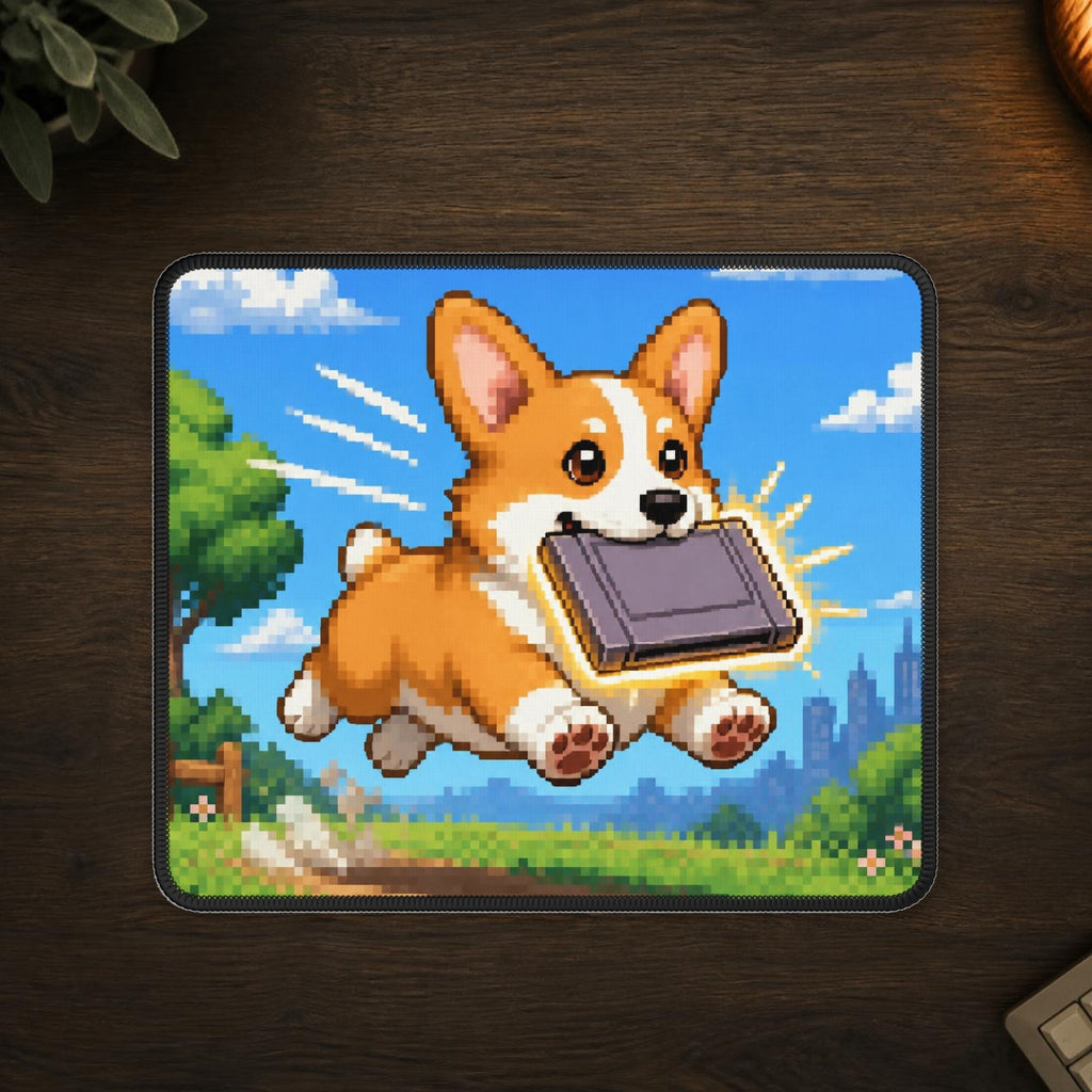 Corgi Cartridge Mousepad — mousepad in a styled room scene; digital product mockup [Wear8bit lifestyle v1]