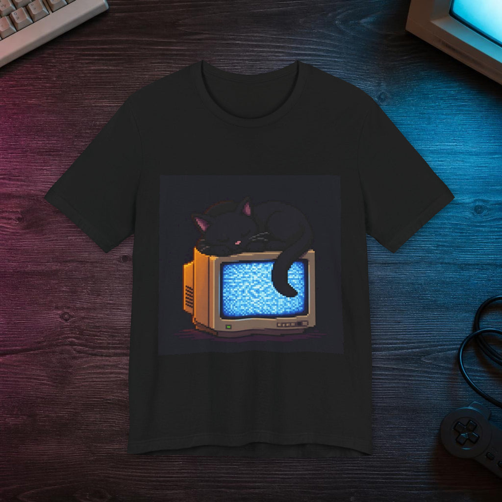 CRT Cat Tee — T-shirt in a styled room scene; digital product mockup [Wear8bit lifestyle v1]
