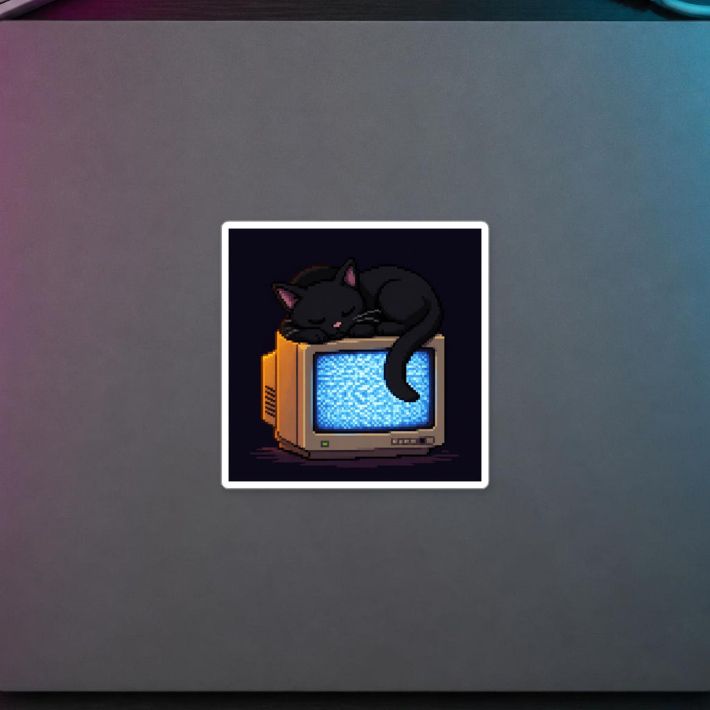 CRT Cat Sticker — sticker in a styled room scene; digital product mockup [Wear8bit lifestyle v1]