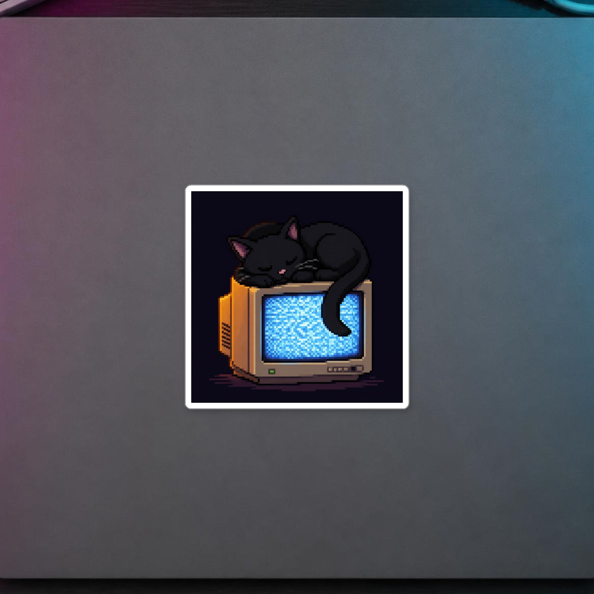 CRT Cat Sticker — sticker in a styled room scene; digital product mockup [Wear8bit lifestyle v1]