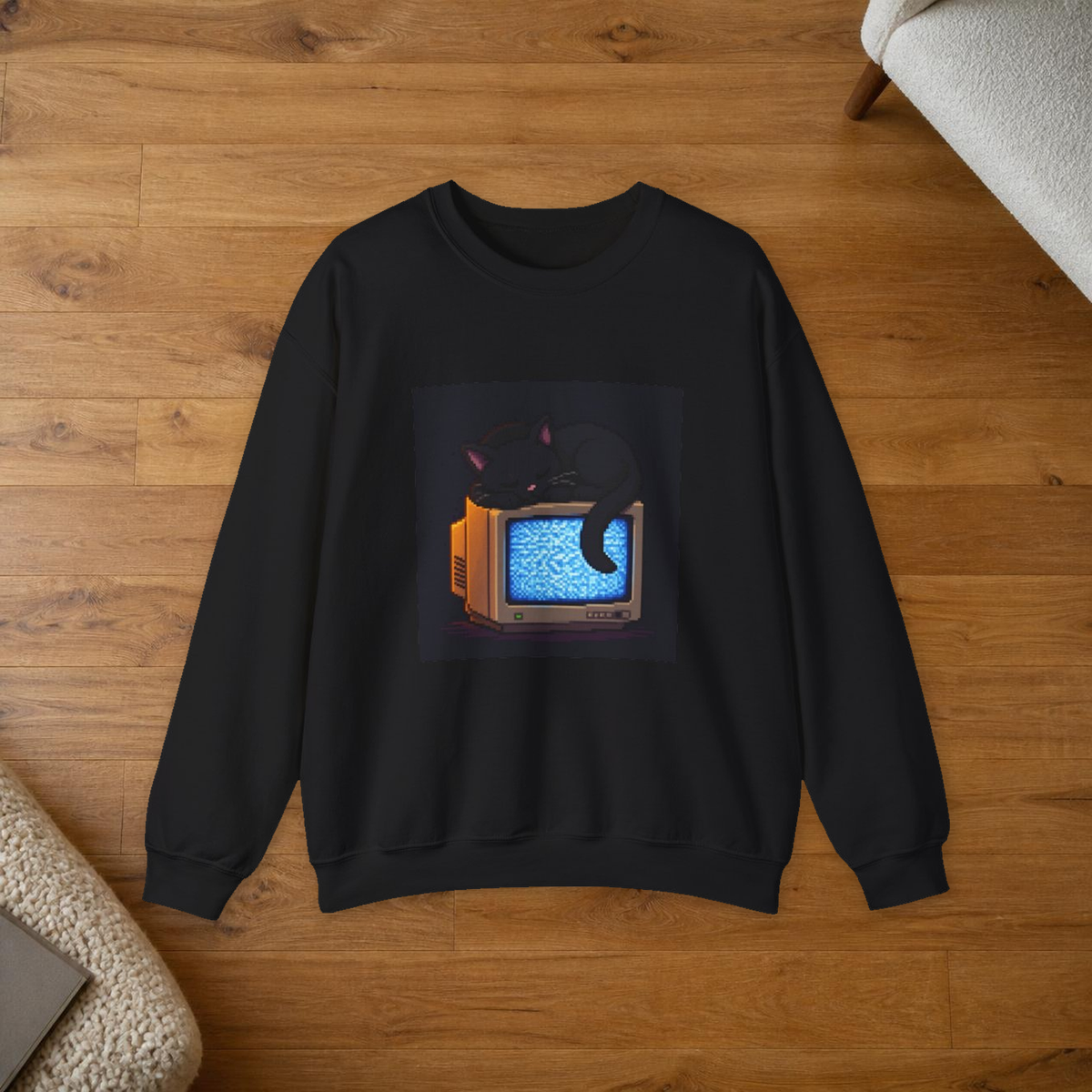 CRT Cat Pixel Art Crewneck Sweatshirt — Winter & Cozy — faithful current supplier Black/M garment; digital lifestyle mockup [sweater print resize v1]