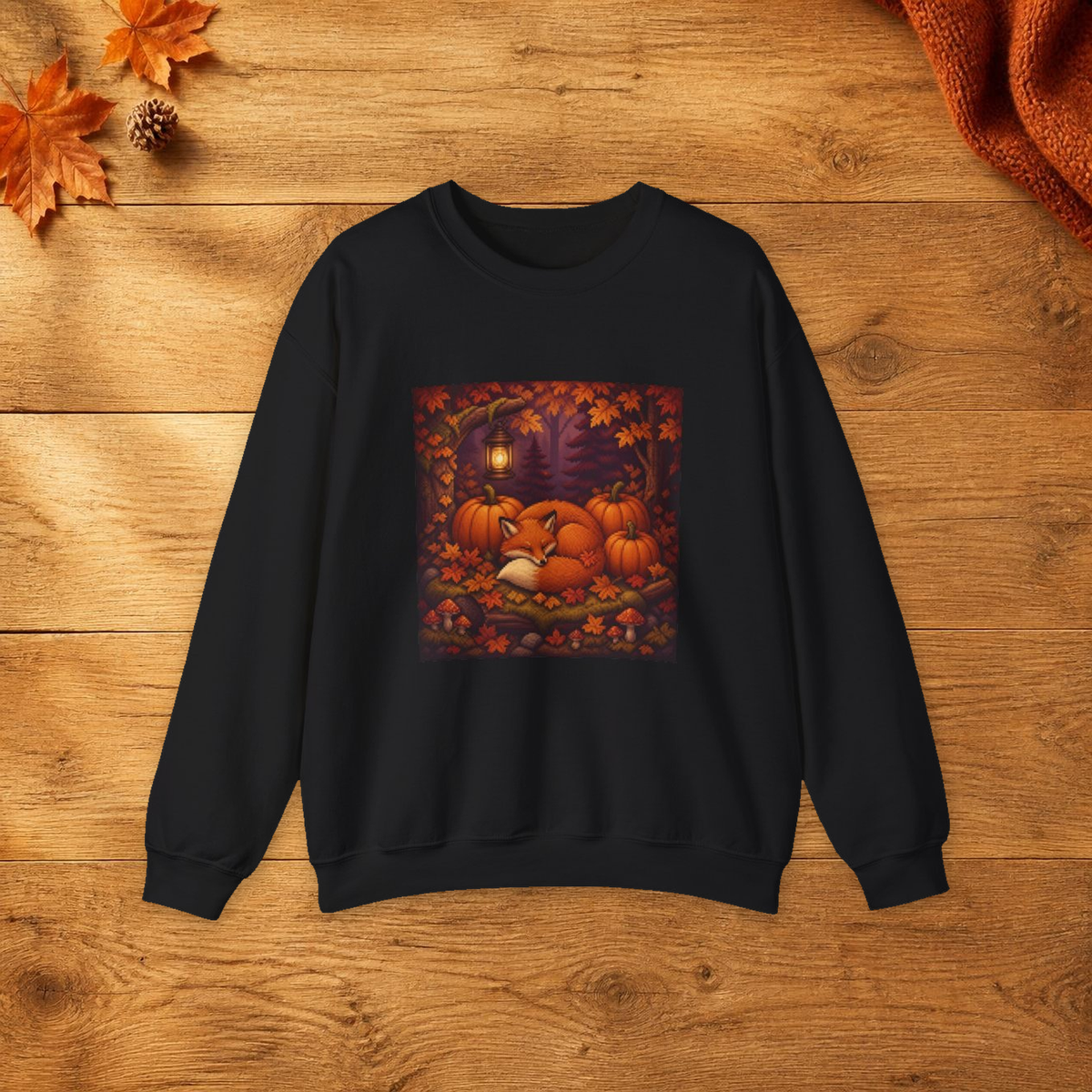 Harvest Fox Pixel Art Crewneck Sweatshirt — Fall & Cozy — faithful current supplier Black/M garment; digital lifestyle mockup [sweater print resize v1]