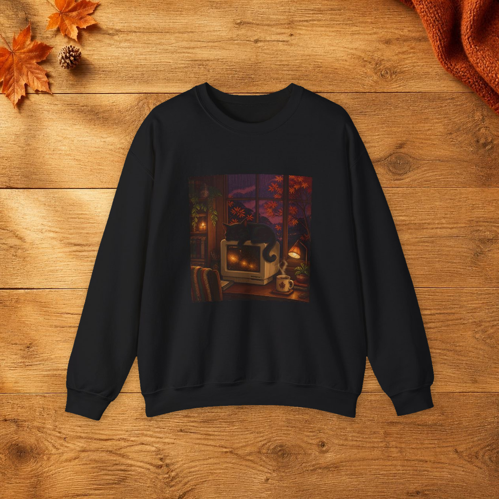Rainy CRT Cat Pixel Art Crewneck Sweatshirt — Fall & Cozy — faithful current supplier Black/M garment; digital lifestyle mockup [sweater print resize v1]