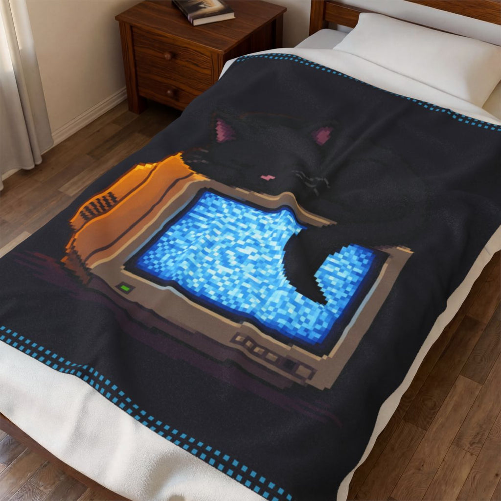CRT Cat Pixel Art Plush Blanket — Winter & Cozy — actual supplier digital bedroom blanket render [Wear8bit winter capsule v1]